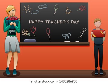 Young teacher and male pupil near blackboard