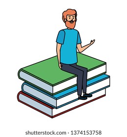 young teacher male sitting in books character