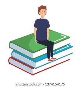 young teacher male sitting in books character