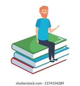 young teacher male sitting in books character