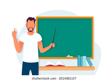Un joven profesor en el fondo de una pizarra con un puntero. Un hombre con un gesto señalador. El profesor en el aula. Ilustración vectorial en estilo plano