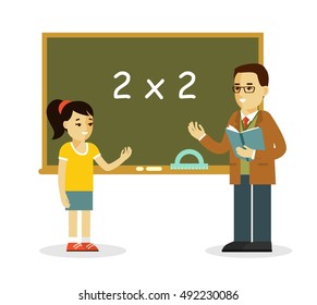 Young teacher man and school girl pupil standing in classroom near blackboard in class lesson, in flat style isolated on white background