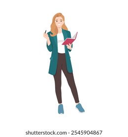 Jovem professor na aula segurando livro com ponteiro. Ilustração de vetor plano isolada no plano de fundo branco