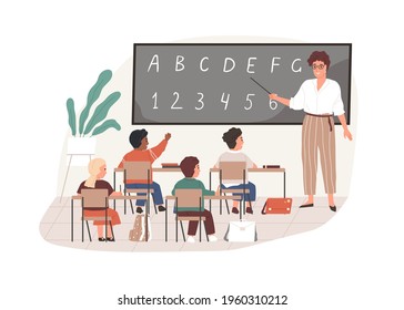 Young teacher with pointer at chalkboard in classroom. Elementary school children studying in class room. Colored flat vector illustration of pedagogue and pupils isolated on white background