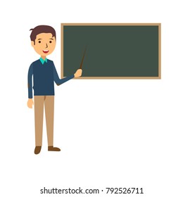 Young Teacher With A pointer. Male teacher teaching lesson in front of a class. Vector Illustration