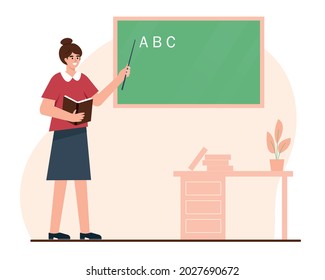 Junge Lehrerin mit Zeiger in der Nähe der Tafel im Klassenzimmer. Weibliche Lehrerin, die in der Schule oder an der Universität arbeitet. Vektorgrafik.