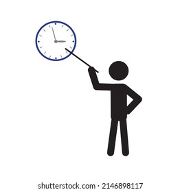 A young teacher with a pointer shows a clock showing how much time is left, vector illustration, pictogram, the concept of the transience of time