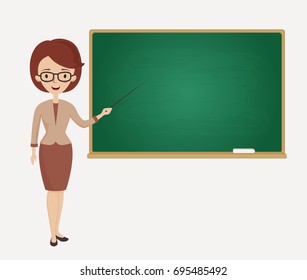 Young teacher with pointer stands at the blackboard. Cute female character on white background. School or college lesson. Vector cartoon illustration.