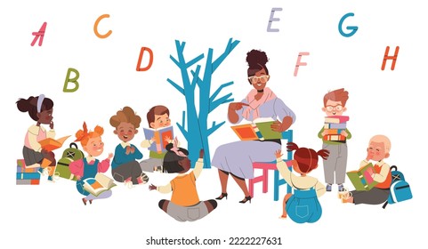 Young Teacher Sitting with First Graders at Lesson Learning Alphabet and Reading Book Vector Illustration