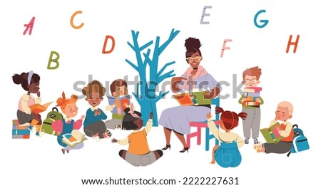 Young Teacher Sitting with First Graders at Lesson Learning Alphabet and Reading Book Vector Illustration