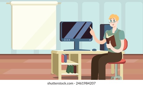 Young teacher sitting in front of a computer