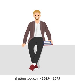 Young teacher sitting on a panel and looking at the viewer. Flat vector illustration isolated on white background
