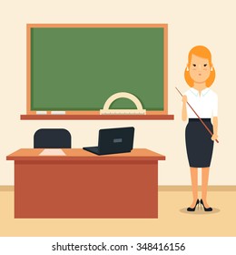 Young Teacher Standing in the Classroom. Colorful Vector Illustration