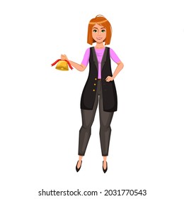 Young teacher in trendy business clothes. bell in hand. First of September. back to school. teachers day isolated vector illustration