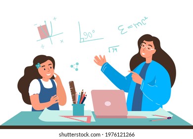 Young teacher Tutor explaining to Girl Kid new math formulas in School classroom.Child learn and study in class room.Colored flat vector illustration of pedagogue, pupil isolated on white background