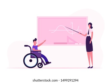 Young Teacher Woman and Disabled Boy in Wheelchair near Blackboard in Classroom. Handicapped Schoolboy Answering Mathematics Lesson in Class. Disability School Concept Cartoon Flat Vector Illustration