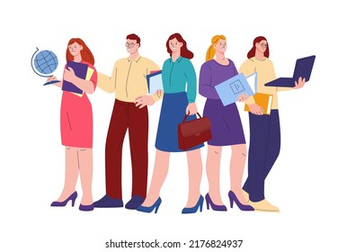 Young teachers group characters. People in uniform, office and school workers. Business education team, successful development and study vector scene