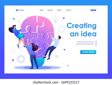 Young team Creates an idea, teamwork, Brainstorm. Flat 2D character. Landing page concepts and web design