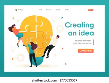 Young team Creates an idea, teamwork. Brainstorm business ideas. Flat 2D character. Landing page concepts and web design.