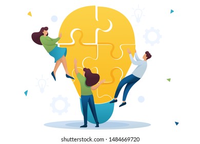 Young team Creates an idea, team work of a young team. Brainstorm business ideas. Flat 2D character. Concept for web design.