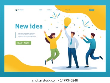 Young team Creates a new idea, teamwork. Brainstorm business ideas. Flat 2D character. Landing page concepts and web design