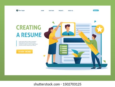 Young team creates a resume, applicant, applicant concept. Flat 2D character. Landing page concepts and web design