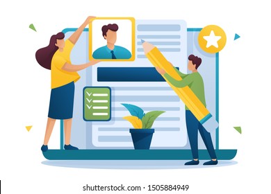 Young team creates a resume, applicant, applicant concept. Flat 2D character. Concept for web design