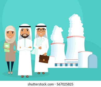 A young team of engineers. A group of engineers and constructors of the Arab nationality. Development of energy sources. Successful people