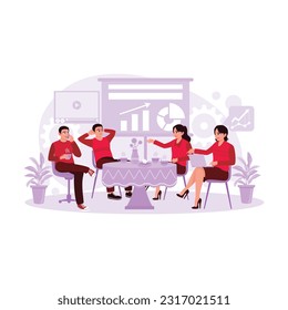 Young team members sat, gathered, discussed, and exchanged ideas at the office table while holding laptops and enjoying hot coffee. Trend Modern vector flat illustration.