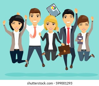 A young team of professionals jumping for joy. Emotions. Teamwork. Business concept. Happy people.