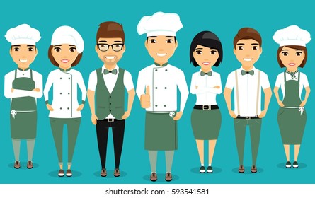 A Young Team Of Restaurant Workers. Confident Professionals. Cartoon In A Flat Style. Happy People.