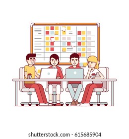 Young team working together on a IT start up business. SCRUM task board hanging in a team room full of tasks on sticky note cards. Modern flat style thin line vector illustration isolated on white.