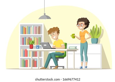 Young Team works in the office. Concept for workspace, web, background and templates. Vector illustration with separate layers.