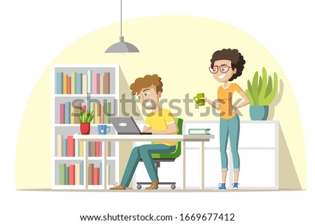 Young Team works in the office. Concept for workspace, web, background and templates. Vector illustration with separate layers.