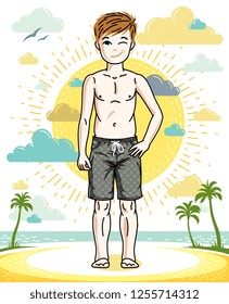 Young teen boy cute children standing in colorful stylish beach shorts. Vector attractive kid illustration. Childhood lifestyle cartoon.
