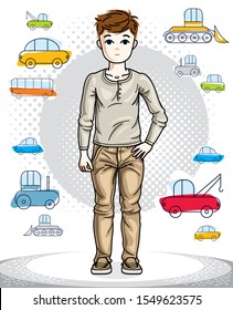 Young teen boy cute children standing in stylish casual clothes. Vector human illustration. Childhood lifestyle cartoon.