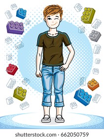 Young teen boy cute children standing in stylish casual clothes. Vector attractive kid illustration. Fashion theme clipart.