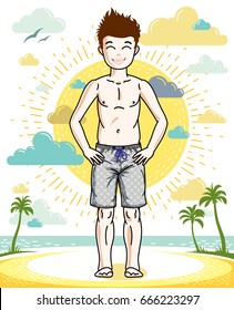 Young teen boy cute children standing wearing fashionable beach shorts. Vector human illustration. Childhood lifestyle clip art.