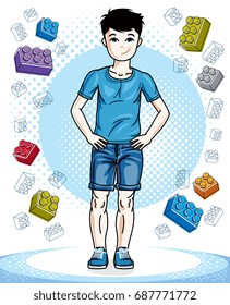 Young teen boy cute children standing wearing fashionable casual clothes. Vector human illustration. Childhood lifestyle cartoon.