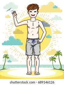 Young teen boy cute children standing in colorful stylish beach shorts. Vector pretty nice human illustration. Childhood lifestyle clipart.