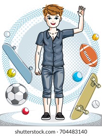 Young teen boy cute children standing wearing fashionable casual clothes. Vector character. Fashion theme clipart.