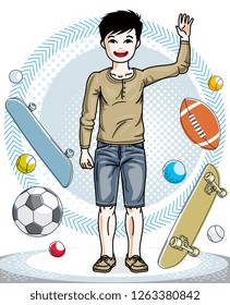 Young teen boy cute nice standing wearing fashionable casual clothes. Vector pretty nice human illustration. Childhood lifestyle cartoon.