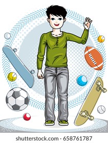 Young teen boy cute nice standing wearing fashionable casual clothes. Vector kid illustration. Fashion and lifestyle theme cartoon.