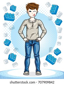 Young teen boy cute nice standing wearing fashionable casual clothes. Vector pretty nice human illustration. Childhood lifestyle cartoon.