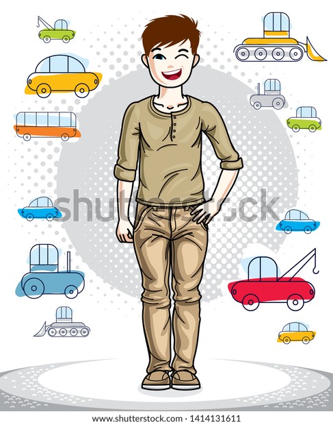 Young teen boy cute nice standing wearing\
fashionable casual clothes. Vector pretty nice human illustration.\
Fashion and lifestyle theme\
cartoon.