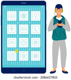 Young teen boy listening to his favorite music through mobile app. Application for listening to songs online. Music player on smartphone screen. Male character in headphones connected to phone