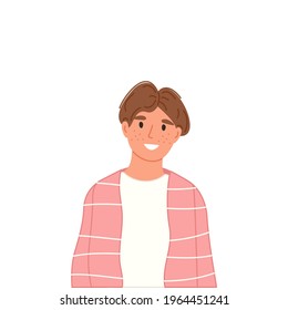 Young teen boy portrait isolated on white background. Happy teenager in casual clothes. Vector illustration male avatar