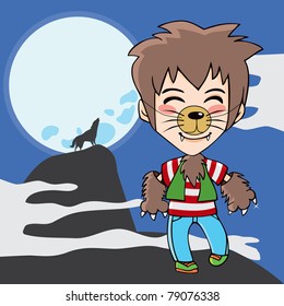 Young teen boy with werewolf costume and wolf howling to the moon on background