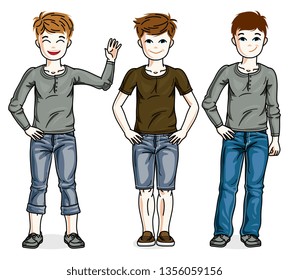 Young teen boys cute children group standing wearing fashionable casual clothes. Vector set of beautiful kids illustrations.