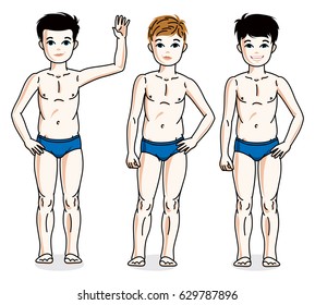 Young teen boys cute children group standing in blue underwear. Vector set of beautiful kids illustrations. Childhood and family lifestyle cartoons.